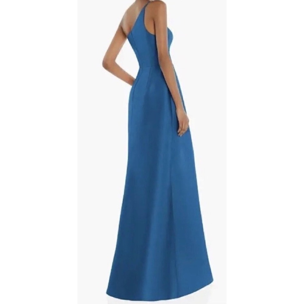 NWT Alfred Sung‎ D831 Classic Blue One-Shoulder Twill High-Low Gown Size 8 $252 - Picture 3 of 6